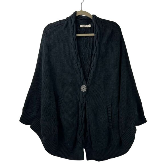 Ugg Womens XS/S Cape Poncho Black Cable Knit Sweater Arm Holes Pockets Oversized - Picture 1 of 14